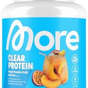 MORE Clear Protein - Pfirsich Passionsfrucht Eis Tee, 600 g, Hochwertiger Whey Isolat Proteinshake für Fitness und Erfri
