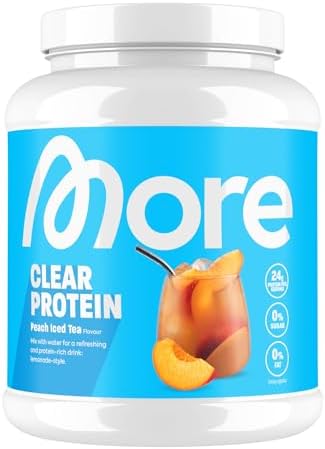 MORE Clear Protein - Pfirsich Passionsfrucht Eis Tee, 600 g, Hochwertiger Whey Isolat Proteinshake für Fitness und Erfri