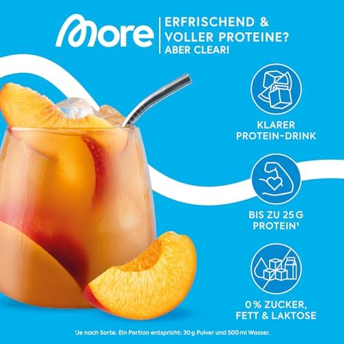 MORE Clear Protein - Pfirsich Passionsfrucht Eis Tee, 600 g, Hochwertiger Whey Isolat Proteinshake für Fitness und Erfri