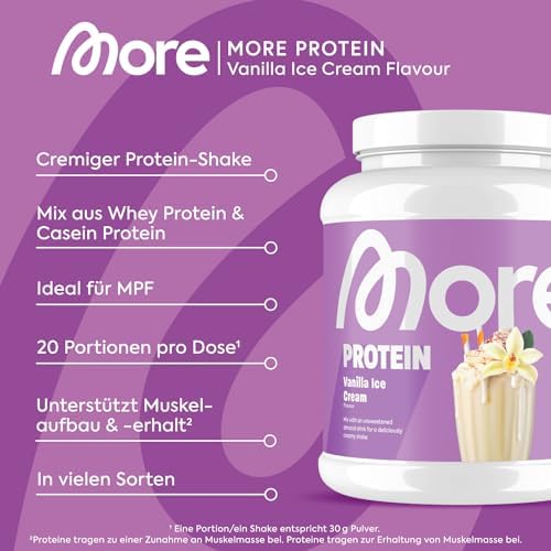 MORE Protein Erdbeer-Milchshake, 2 x 600 g, perfekter Muskelaufbau mit Whey & Casein, laktosefrei - made in Germany