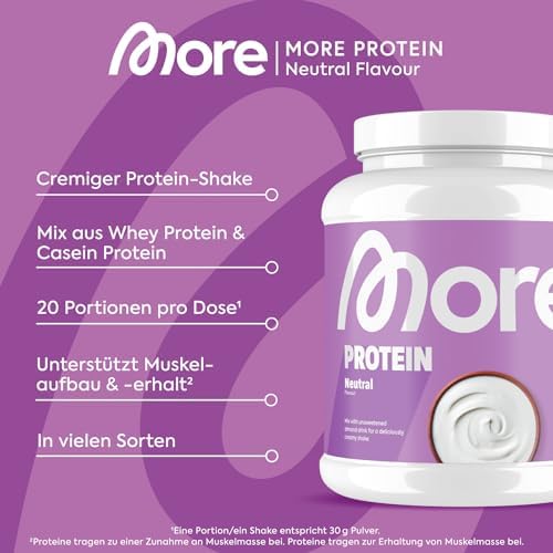 MORE Protein Erdbeer-Milchshake, 2 x 600 g, perfekter Muskelaufbau mit Whey & Casein, laktosefrei - made in Germany