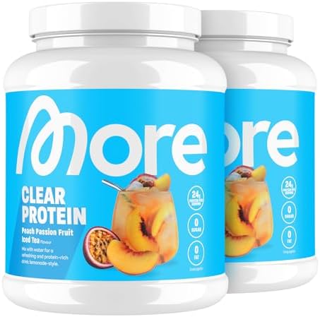 MORE Clear Protein - Pfirsich Passionsfrucht Eis Tee, 600 g, Hochwertiger Whey Isolat Proteinshake für Fitness und Erfri