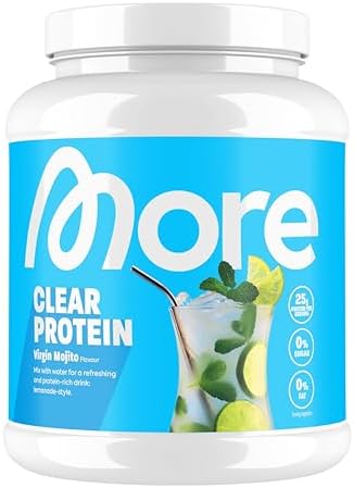 MORE Clear Protein - Pfirsich Passionsfrucht Eis Tee, 600 g, Hochwertiger Whey Isolat Proteinshake für Fitness und Erfri