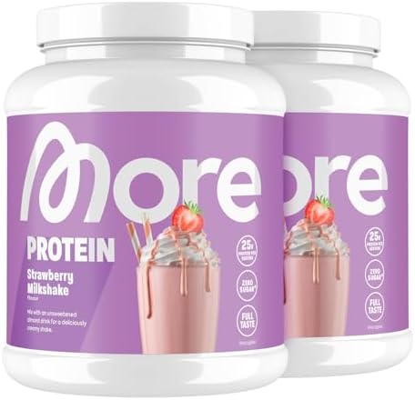 MORE Protein Erdbeer-Milchshake, 2 x 600 g, perfekter Muskelaufbau mit Whey & Casein, laktosefrei - made in Germany