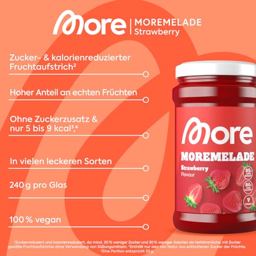 MORE Moremelade Erdbeere, 4 x 240g, leichter Fruchtaufstrich mit weniger Zucker & Kalorien, veganer Genuss für jeden Frü