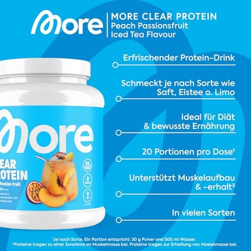 MORE Clear Protein - Pfirsich Passionsfrucht Eis Tee, 600 g, Hochwertiger Whey Isolat Proteinshake für Fitness und Erfri