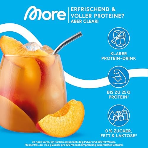 MORE Clear Protein - Pfirsich Passionsfrucht Eis Tee, 600 g, Hochwertiger Whey Isolat Proteinshake für Fitness und Erfri