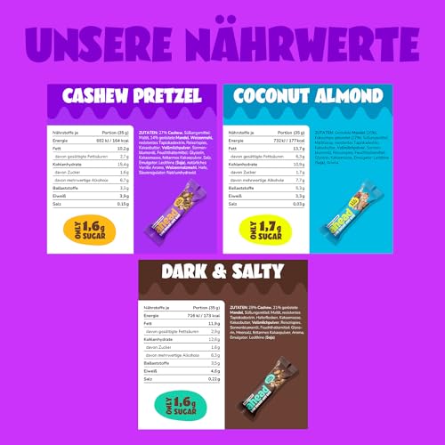 AHEAD Nussriegel mit Cashewkernen & Salzbrezel – Zuckergehalt nur 1,7g pro glutenfreiem Riegel, perfekt für gesunde Snac