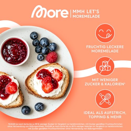 MORE Moremelade Erdbeere, 4 x 240g, leichter Fruchtaufstrich mit weniger Zucker & Kalorien, veganer Genuss für jeden Frü