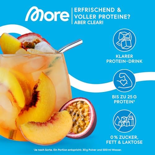 MORE Clear Protein - Pfirsich Passionsfrucht Eis Tee, 600 g, Hochwertiger Whey Isolat Proteinshake für Fitness und Erfri