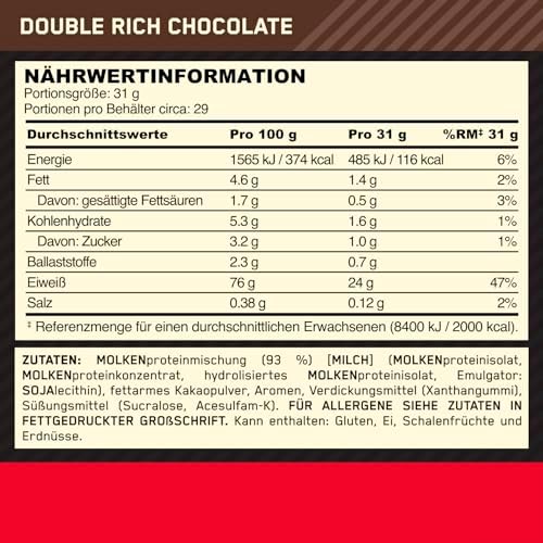 Optimum Nutrition Gold Standard Whey Proteinpulver, Double Rich Chocolate, 899g für optimale Muskelregeneration