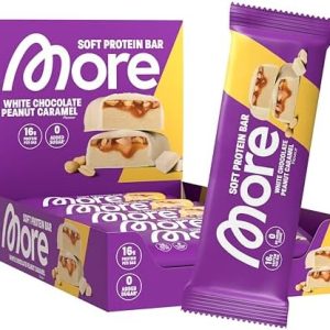 MORE Protein Riegel, 10er Box, Weiße Schokolade Erdnuss Karamell, Zuckervoll, Ideal für Snack unterwegs