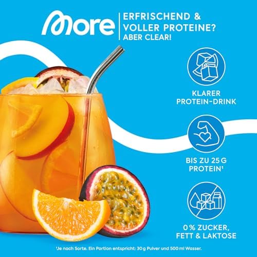 MORE Clear Protein - Pfirsich Passionsfrucht Eis Tee, 600 g, Hochwertiger Whey Isolat Proteinshake für Fitness und Erfri