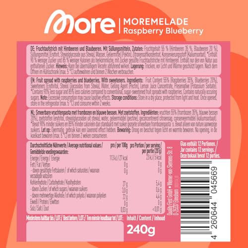MORE Moremelade Erdbeere, 4 x 240g, leichter Fruchtaufstrich mit weniger Zucker & Kalorien, veganer Genuss für jeden Frü