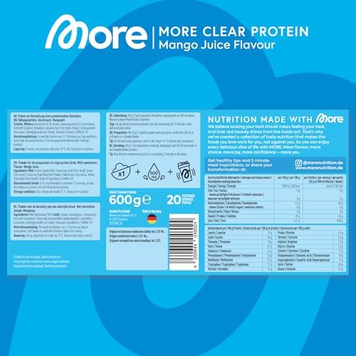 MORE Clear Protein - Pfirsich Passionsfrucht Eis Tee, 600 g, Hochwertiger Whey Isolat Proteinshake für Fitness und Erfri