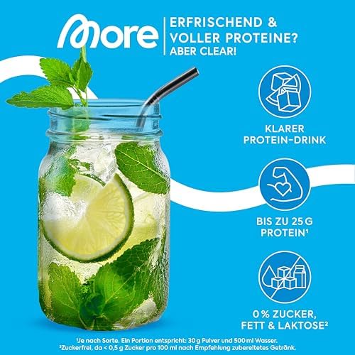 MORE Clear Protein - Pfirsich Passionsfrucht Eis Tee, 600 g, Hochwertiger Whey Isolat Proteinshake für Fitness und Erfri