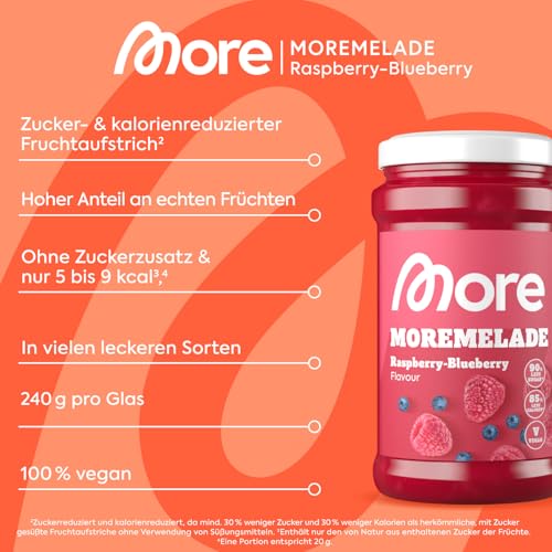 MORE Moremelade Erdbeere, 4 x 240g, leichter Fruchtaufstrich mit weniger Zucker & Kalorien, veganer Genuss für jeden Frü