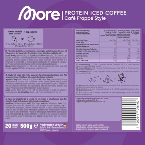 MORE Protein Eiskaffee 2 x 500g, Dunkle Schokolade, wenig Zucker & Fett, ideal für Fitness & Genuss