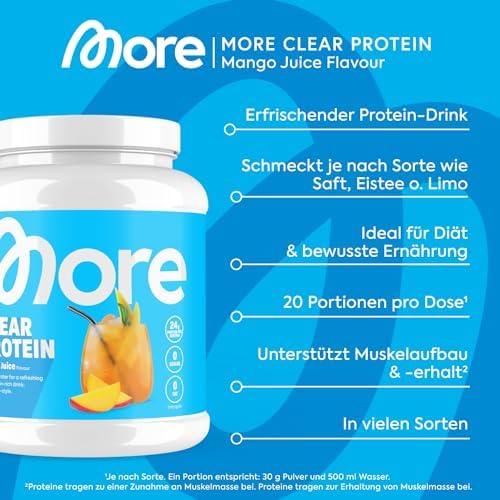 MORE Clear Protein - Pfirsich Passionsfrucht Eis Tee, 600 g, Hochwertiger Whey Isolat Proteinshake für Fitness und Erfri