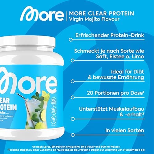 MORE Clear Protein - Pfirsich Passionsfrucht Eis Tee, 600 g, Hochwertiger Whey Isolat Proteinshake für Fitness und Erfri