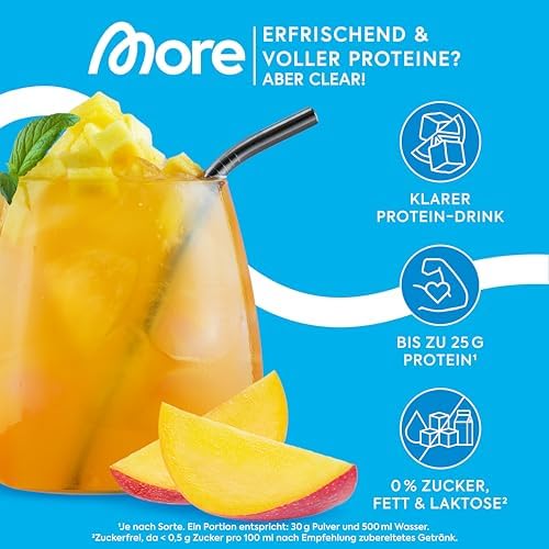 MORE Clear Protein - Pfirsich Passionsfrucht Eis Tee, 600 g, Hochwertiger Whey Isolat Proteinshake für Fitness und Erfri