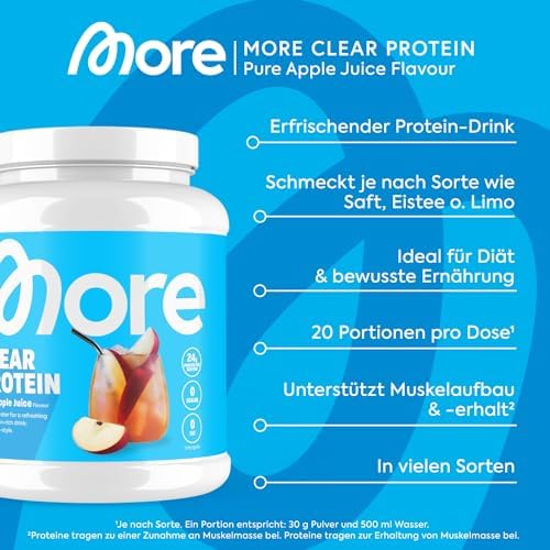 MORE Clear Protein - Pfirsich Passionsfrucht Eis Tee, 600 g, Hochwertiger Whey Isolat Proteinshake für Fitness und Erfri