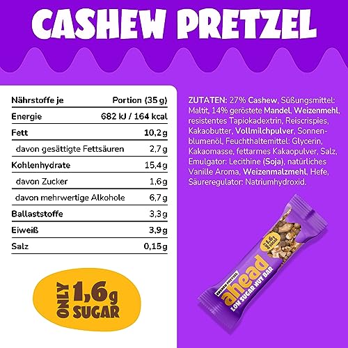 AHEAD Nussriegel mit Cashewkernen & Salzbrezel – Zuckergehalt nur 1,7g pro glutenfreiem Riegel, perfekt für gesunde Snac