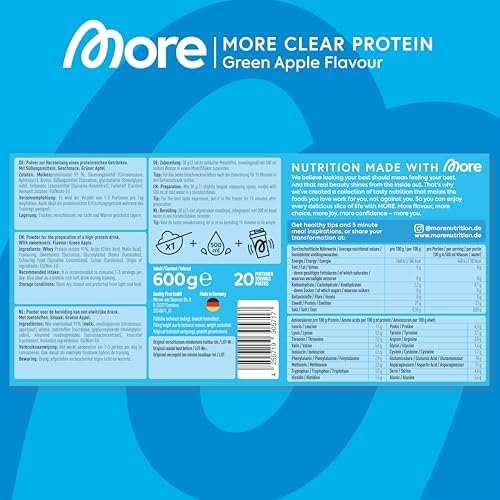 MORE Clear Protein - Pfirsich Passionsfrucht Eis Tee, 600 g, Hochwertiger Whey Isolat Proteinshake für Fitness und Erfri