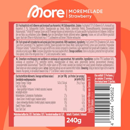MORE Moremelade Erdbeere, 4 x 240g, leichter Fruchtaufstrich mit weniger Zucker & Kalorien, veganer Genuss für jeden Frü