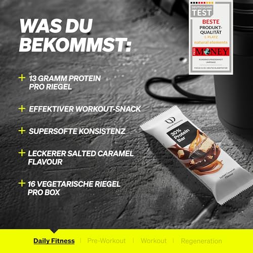 Natural Elements Proteinriegel Salted Caramel – Niedriger Zuckergehalt, 13g Protein für gesunde Snacks unterwegs – 16x45